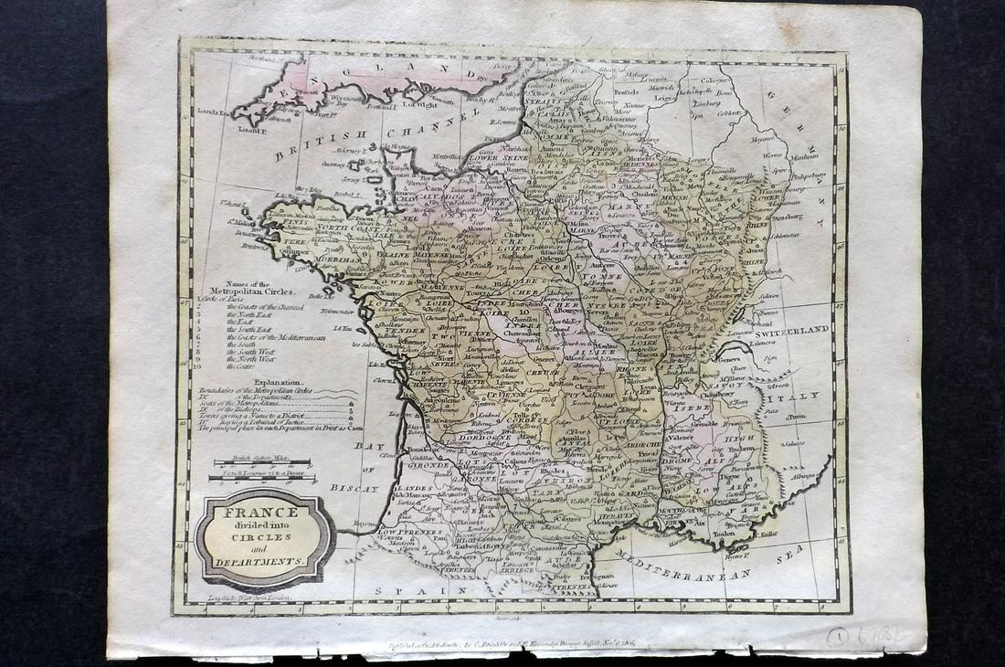 Barclay, James 1812 Hand Col Map. France: Hand Colored Copper Engraved Map Published 1812-13 by Brightly & Childs, Bungay for "A Complete and Universal Dictionary of the English Language..." by the Rev. James Barclay. Paper Size: 10.5 x 8 inc
