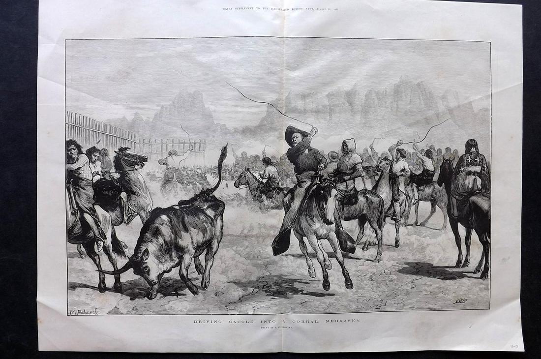 ILN 1875 LG Folio Print. Driving Cattle, Nebraska USA (1 of 2)