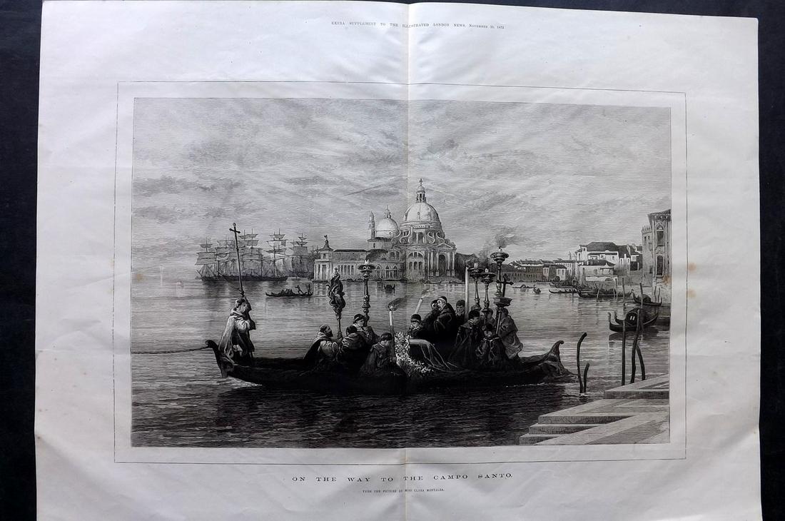 ILN 1875 LG Print. On way to Campo Santo, Venice: Large Folio Wood Engraving (Reverse side blank) Published 1875, London for "The Illustrated London News" Centre fold as issued. Paper Size: 22 x 16 inch (56 x 41cm) Good Condition