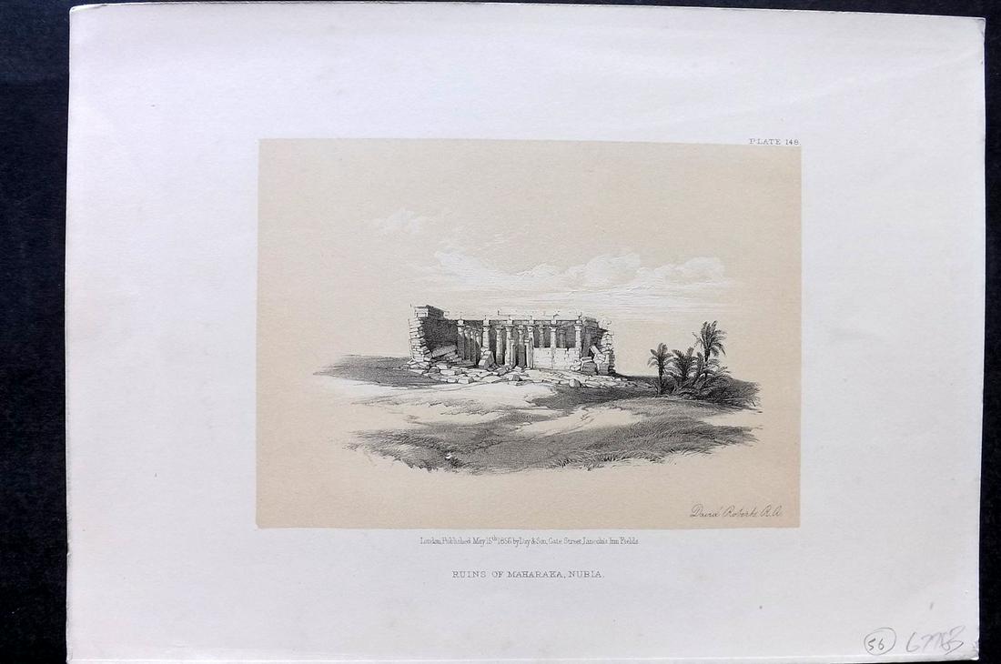 Roberts, David 1856 Print. Ruins of Maharaka, Nubia 148: Lithograph Published 1855-6 by Day & Son, London for "The Holy Land, Syria, Idumea, Arabia, Egypt & Nubia" Second Edition (First Quarto Edition) by David Roberts. Paper Size: 11.5 x 8 inch (29 x 20cm)
