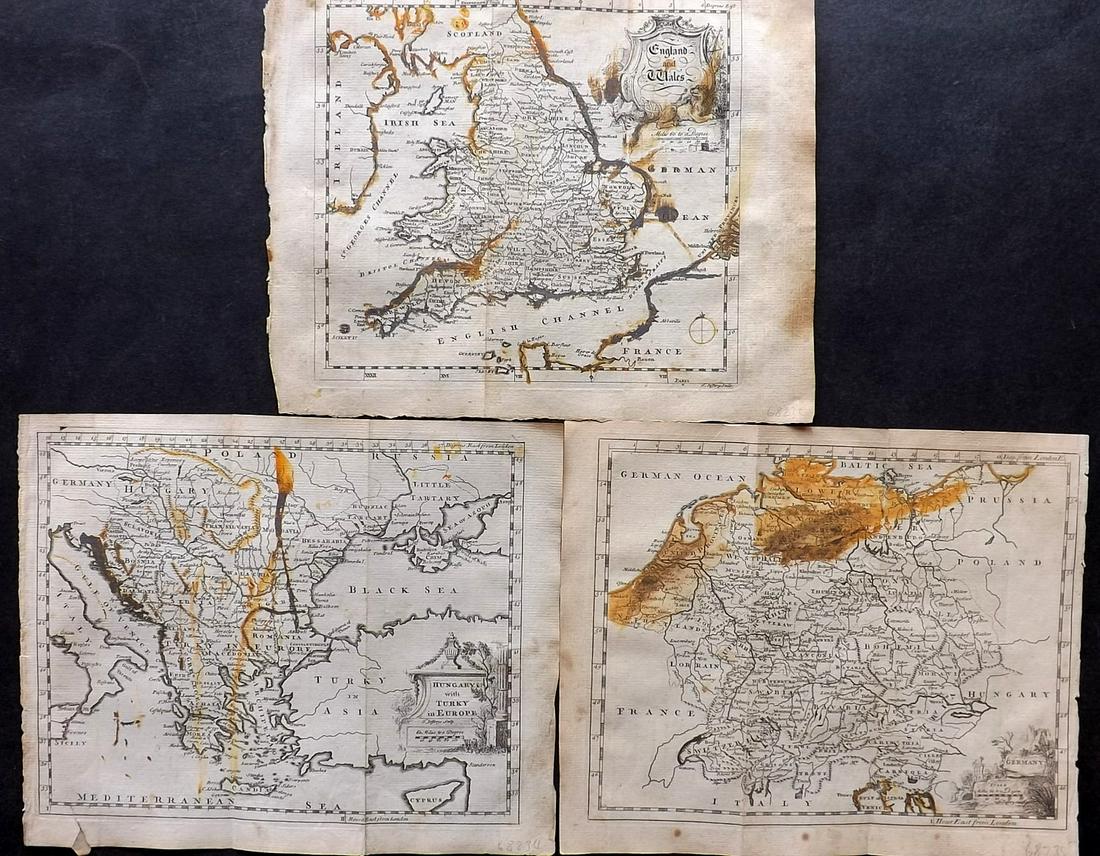 Salmon & Jeffreys 1749 Lot of 3 Maps with faults: Incl Germany, Hungary/Turkey, and England/Wales. Copper Engraved Map Published 1749, London for "A New Geographical and Historical Grammar" First or Early Edition by Thomas Salmon. Engraved by Thomas 