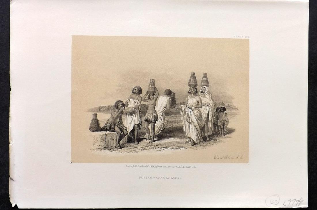 Roberts, David 1856 Print. Nubian Woman at Korti 164: Lithograph Published 1855-6 by Day & Son, London for "The Holy Land, Syria, Idumea, Arabia, Egypt & Nubia" Second Edition (First Quarto Edition) by David Roberts. Paper Size: 11.5 x 8 inch (29 x 20cm)