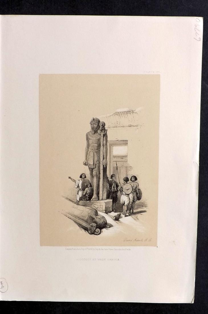Roberts, David 1856 Print. Colossi at Wady 175: Lithograph Published 1855-6 by Day & Son, London for "The Holy Land, Syria, Idumea, Arabia, Egypt & Nubia" Second Edition (First Quarto Edition) by David Roberts. Paper Size: 11.5 x 8 inch (29 x 20cm)