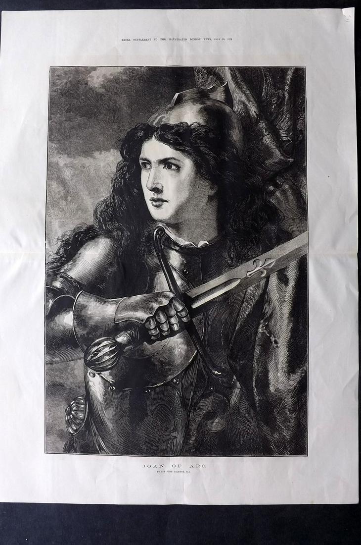 ILN 1875 LG Folio Portrait Print. Joan of Arc: Large Folio Wood Engraving (Reverse side blank) Published 1875, London for "The Illustrated London News" Centre fold as issued. Paper Size: 22 x 16 inch (56 x 41cm) Good Condition