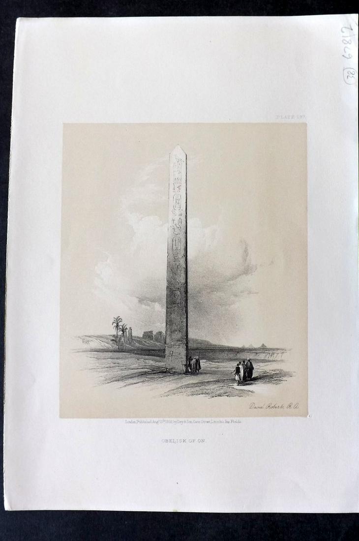 Roberts, David 1856 Print. Obelisk of On 197: Lithograph Published 1855-6 by Day & Son, London for "The Holy Land, Syria, Idumea, Arabia, Egypt & Nubia" Second Edition (First Quarto Edition) by David Roberts. Paper Size: 11.5 x 8 inch (29 x 20cm)