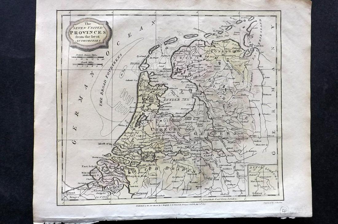Barclay, James 1812 Hand Col Map. Netherlands: "The Severn United Provinces..." Hand Colored Copper Engraved Map Published 1812-13 by Brightly & Childs, Bungay for "A Complete and Universal Dictionary of the English Language..." by the Rev. James 