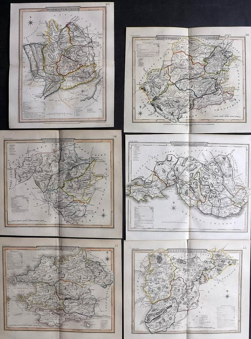Dugdale & Archer C1840 Lot of 6 Welsh County Maps: Steel Engraved Maps with outline hand color Published C1835-60 London for "Curiosities of Great Britain. England & Wales Delineated..." by Thomas Dugdale. Drawn and Engraved by John Archer. Paper Size