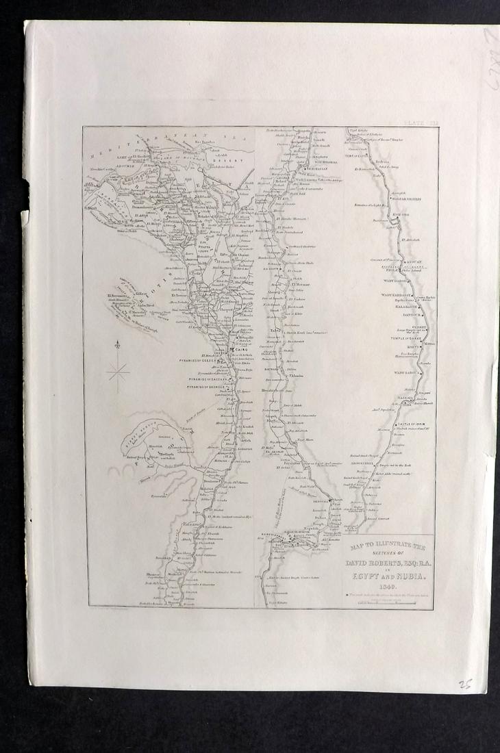 Roberts, David 1856 Map of Egypt & Nubia: "Map to Illustrate The Sketches of David Roberts Esq." Steel Engraved Map Published 1855-6 by Day & Son, London for "The Holy Land, Syria, Idumea, Arabia, Egypt & Nubia" Second Edition (First Quarto E