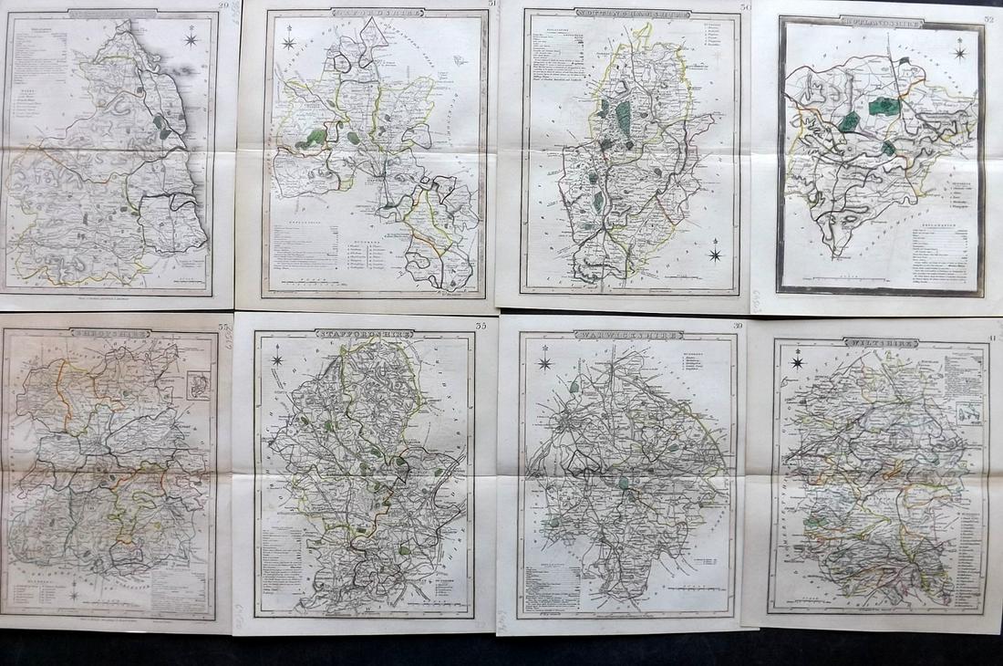 Dugdale & Archer C1840 Lot of 8 British County Maps: Steel Engraved Maps with outline hand color Published C1835-60 London for "Curiosities of Great Britain. England & Wales Delineated..." by Thomas Dugdale. Drawn and Engraved by John Archer. Paper Size