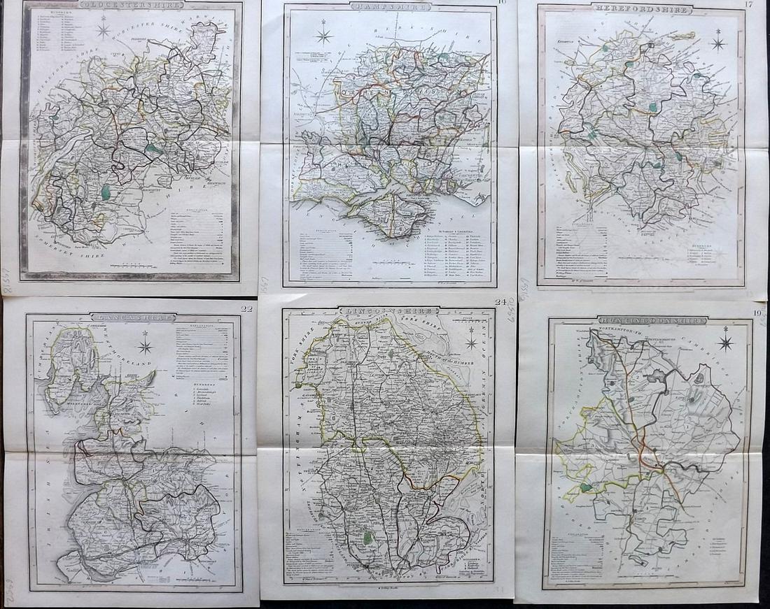 Dugdale & Archer C1840 Lot of 6 British County Maps: Steel Engraved Maps with outline hand color Published C1835-60 London for "Curiosities of Great Britain. England & Wales Delineated..." by Thomas Dugdale. Drawn and Engraved by John Archer. Paper Size