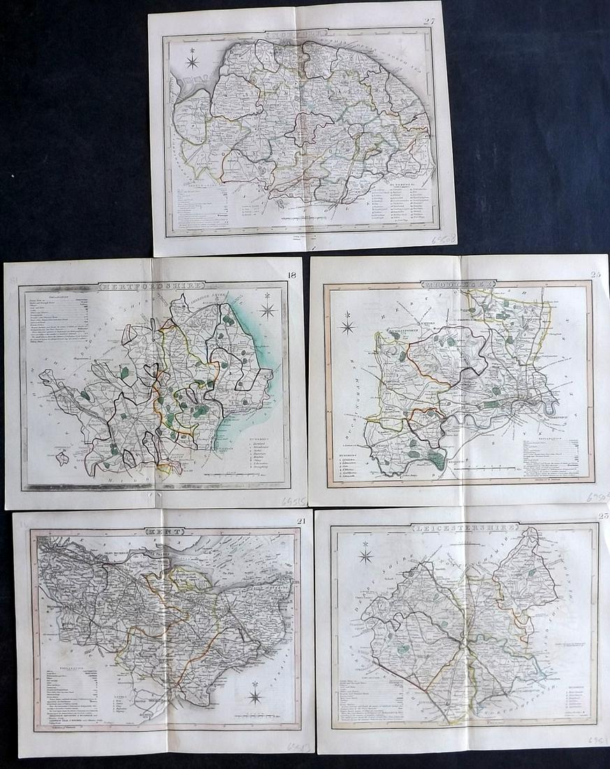 Dugdale & Archer C1840 Lot of 5 British County Maps: Steel Engraved Maps with outline hand color Published C1835-60 London for "Curiosities of Great Britain. England & Wales Delineated..." by Thomas Dugdale. Drawn and Engraved by John Archer. Paper Size