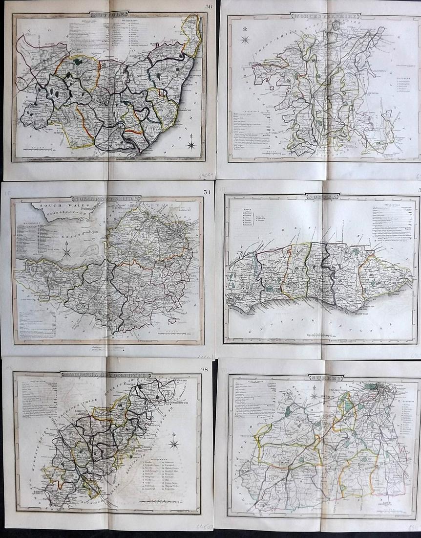 Dugdale & Archer C1840 Lot of 6 British County Maps: Steel Engraved Maps with outline hand color Published C1835-60 London for "Curiosities of Great Britain. England & Wales Delineated..." by Thomas Dugdale. Drawn and Engraved by John Archer. Paper Size