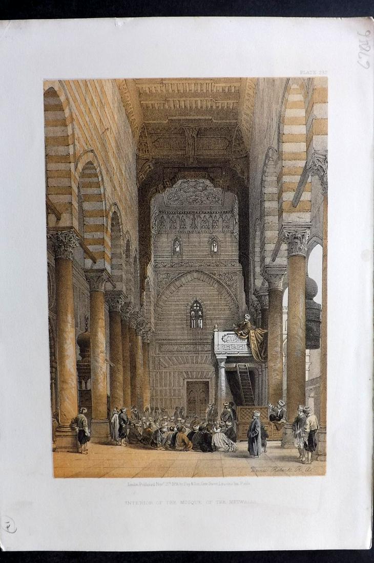 Roberts, David 1856 Print. Mosque of Metwalis 232: Lithograph Published 1855-6 by Day & Son, London for "The Holy Land, Syria, Idumea, Arabia, Egypt & Nubia" Second Edition (First Quarto Edition) by David Roberts. Paper Size: 11.5 x 8 inch (29 x 20cm)