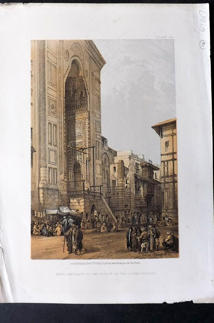 Roberts, David 1856 Print. Mosque of Sultan Hassan 234: Lithograph Published 1855-6 by Day & Son, London for "The Holy Land, Syria, Idumea, Arabia, Egypt & Nubia" Second Edition (First Quarto Edition) by David Roberts. Paper Size: 11.5 x 8 inch (29 x 20cm)
