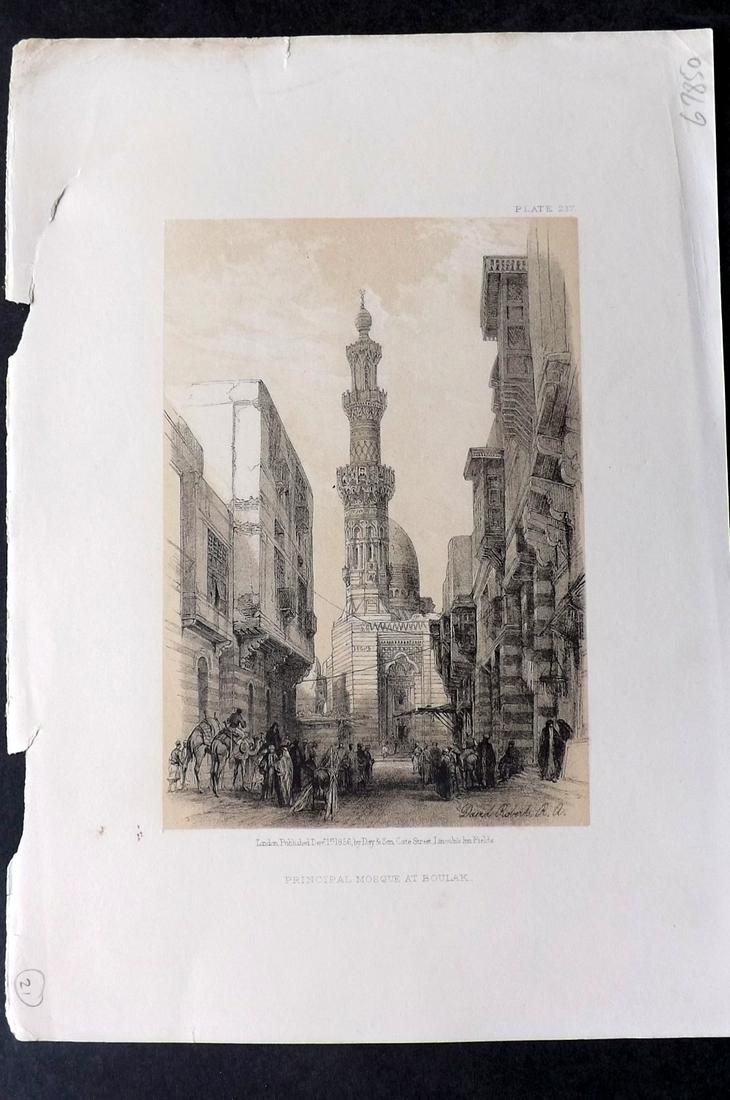Roberts, David 1856 Print. Mosque at Boulak 237: Lithograph Published 1855-6 by Day & Son, London for "The Holy Land, Syria, Idumea, Arabia, Egypt & Nubia" Second Edition (First Quarto Edition) by David Roberts. Paper Size: 11.5 x 8 inch (29 x 20cm)
