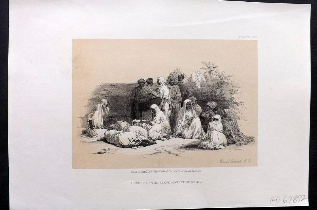 Roberts, David 1856 Print. Slave Market of Cairo 239: Lithograph Published 1855-6 by Day & Son, London for "The Holy Land, Syria, Idumea, Arabia, Egypt & Nubia" Second Edition (First Quarto Edition) by David Roberts. Paper Size: 11.5 x 8 inch (29 x 20cm)