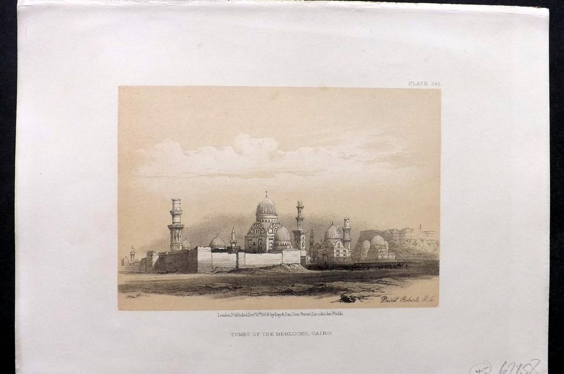 Roberts, David 1856 Print. Tomb of Memlocks, Cairo 245: Lithograph Published 1855-6 by Day & Son, London for "The Holy Land, Syria, Idumea, Arabia, Egypt & Nubia" Second Edition (First Quarto Edition) by David Roberts. Paper Size: 11.5 x 8 inch (29 x 20cm)