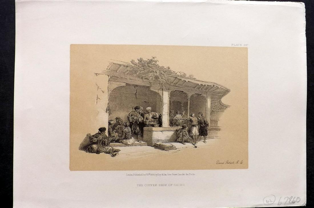 Roberts, David 1856 Print. Coffe Shop of Cairo 247: Lithograph Published 1855-6 by Day & Son, London for "The Holy Land, Syria, Idumea, Arabia, Egypt & Nubia" Second Edition (First Quarto Edition) by David Roberts. Paper Size: 11.5 x 8 inch (29 x 20cm)