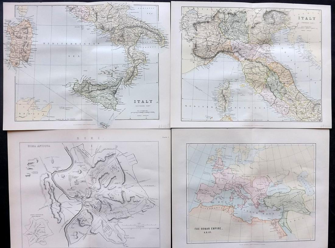 Nat. Encyclo. 1891 Lot of 4 Maps. Italy & Roman Empire: Lithograph Map Published 1891-1901 by William Mackenzie, London for "The National Encyclopedia: A dictionary of Universal Knowledge" Centre Fold as issued. Paper Size: 12 x 9.5 inch (31 x 24cm) Good C