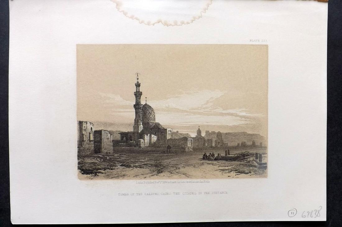 Roberts, David 1856 Print. Tomb of Caliphs, Cairo 223: Lithograph Published 1855-6 by Day & Son, London for "The Holy Land, Syria, Idumea, Arabia, Egypt & Nubia" Second Edition (First Quarto Edition) by David Roberts. Paper Size: 11.5 x 8 inch (29 x 20cm)