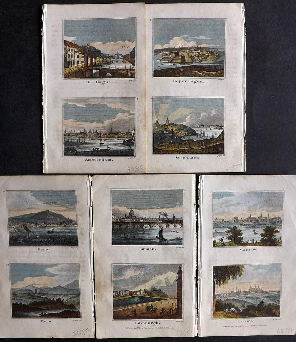 Harris (Pub) 1820 Lot of 5 Hand Col Europe Prints: Incl London/Edinburgh, The Hague/Amsterdam, Compenhagen/Stockholm, Genoa/Bern, and Wasaw/Cracow. Hand Colored Copper Plates Published 1820 by J. Harris & Son., London for "The Traveller; Or, An Entert