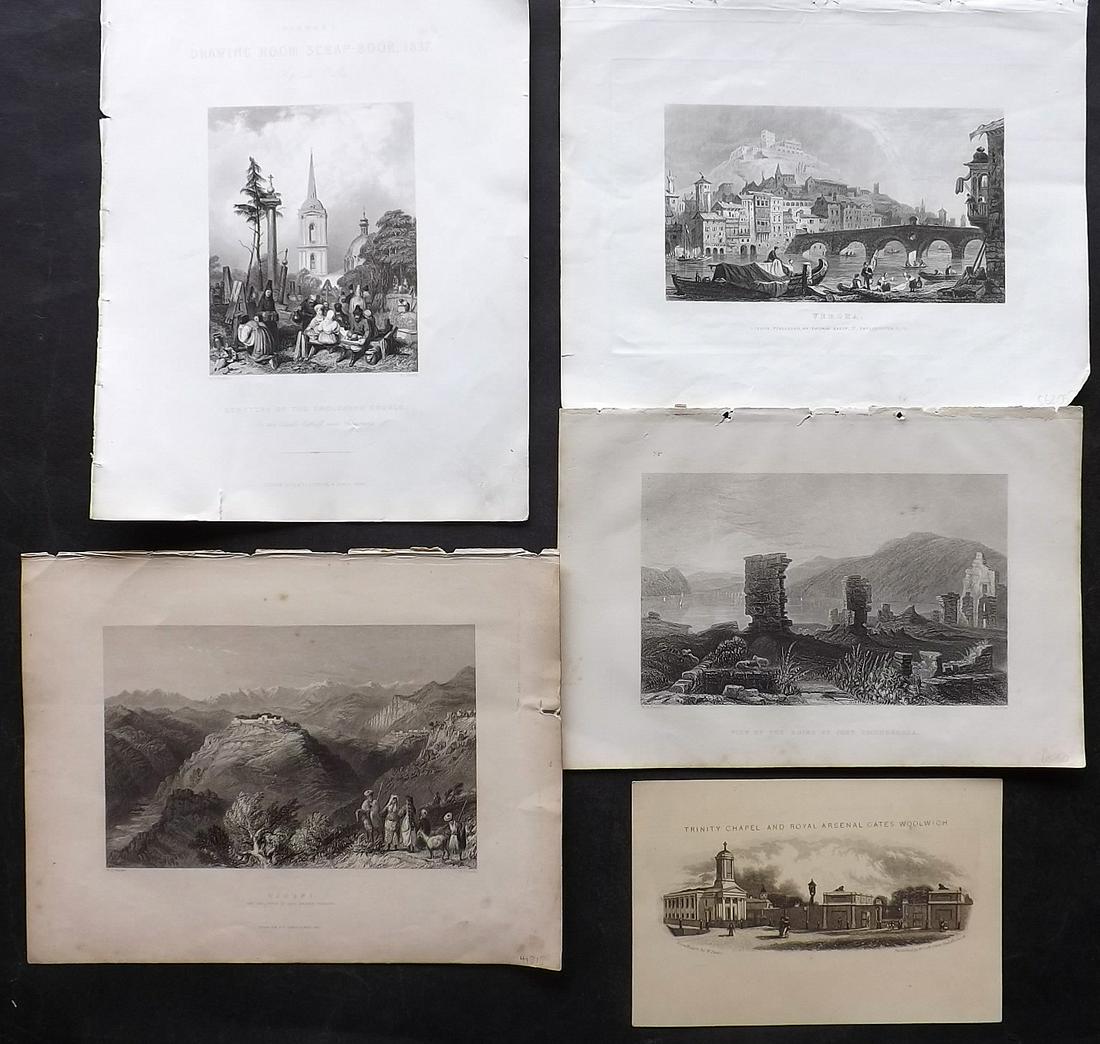 World Views 19th Cent. Mixed Lot of 5 Engravings: Incl India, UK, USA, and Italy. Steel Engravings. Examples by Fisher, Thomas Kelly and Pease. Paper Size: Up to 11 x 8.5 inch (28 x 22cm) Good Condition overall