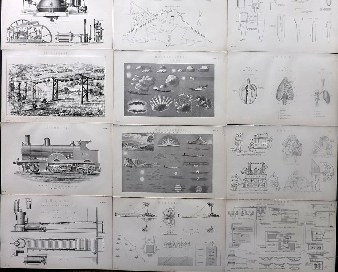 Nat. Ency. 1891 Lot of 12 Prints. Science & Tech (1 of 2)