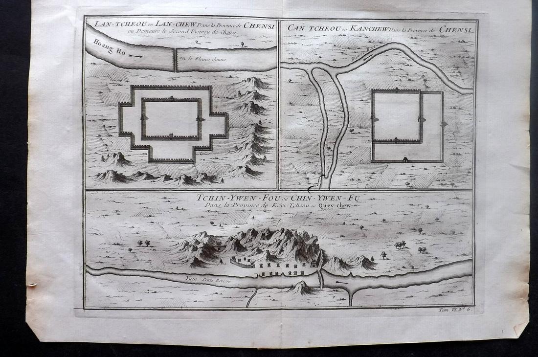 Bellin, Jacques C1750 Map of Chensi, Chin-Ywen-Fu China: "Lan-Tcheou ou Lan-Chew dans la Province de Chensi" "Can Tcheou ou Kan-Chew dans la Province de Chensi" "Tchin-Ywen-Fou ou Chin-Ywen-Fu" Copper Engraved Map Published 1746-1789, Paris & The Hague for 