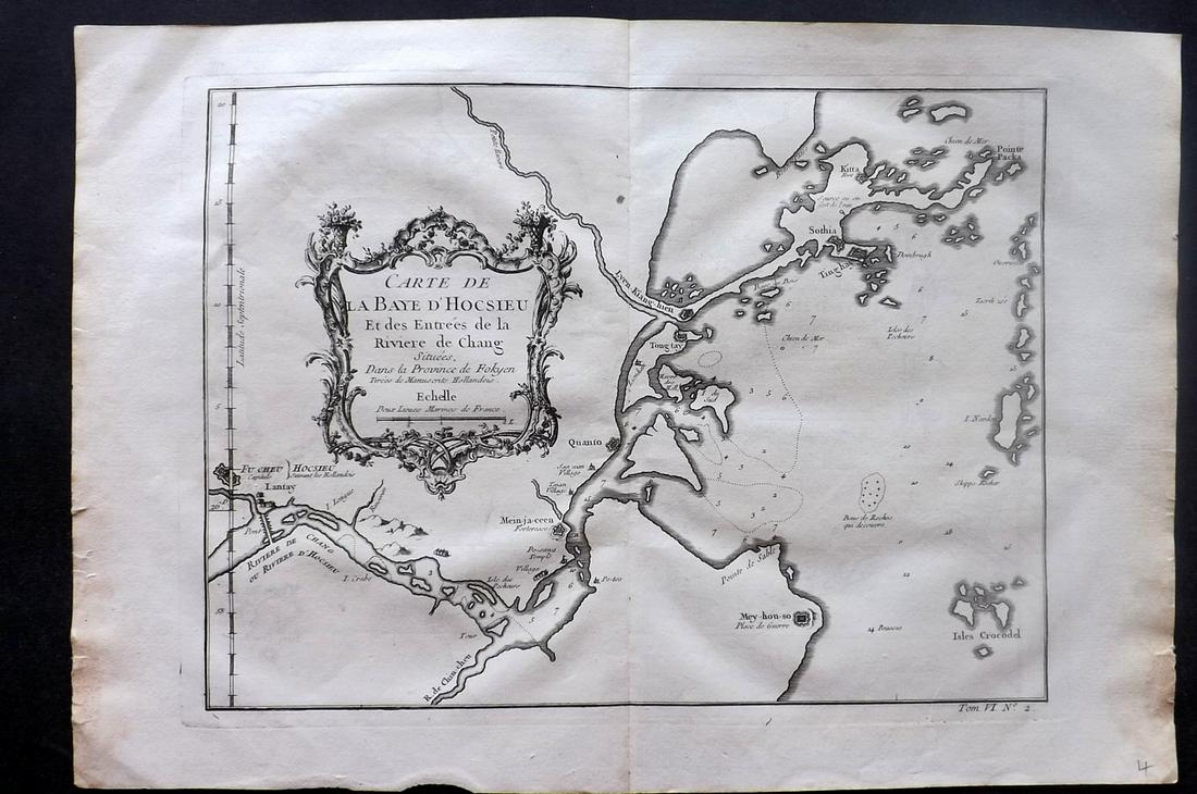 Bellin, Jacques C1750 Map. Fokyen, China: "Carte de la Baye d'Hocsieu et des Entrees de la Riviere de Chang Situees dans la Province de Fokyen" Copper Engraved Map Published 1746-1789, Paris & The Hague for "Histoire générale des voyages" b
