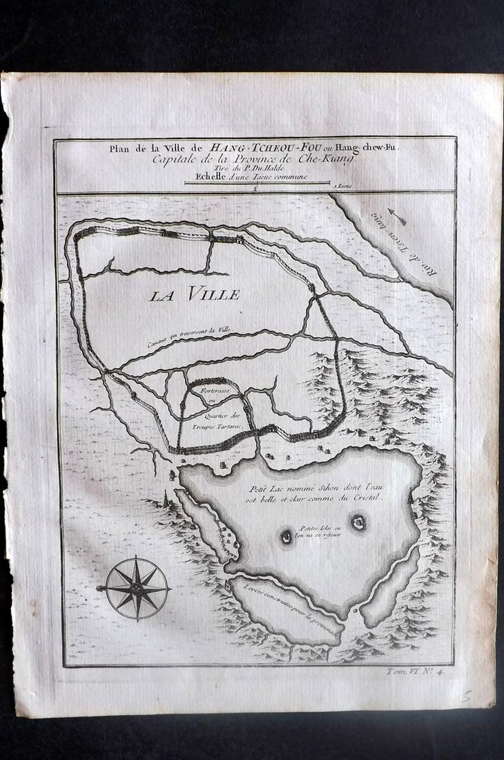 Bellin, Jacques C1750 Map. Hang Chew Fu, China: "Plan de la Ville de Hang-Tcheou-Fou ou Hang-Chew-Fu..." Copper Engraved Map Published 1746-1789, Paris & The Hague for "Histoire générale des voyages" by Antoine Francois Prevost. Maps by Jacques B
