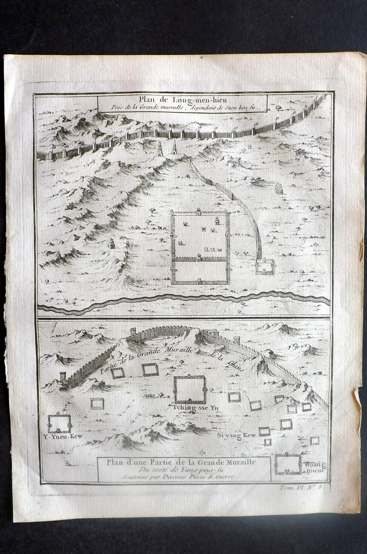 Bellin, Jacques C1750 Map. Plan of Great Wall of China: "Plan de Long-men-hien" "Plan d'une Partie de la Grande de Muraille..." Copper Engraved Map Published 1746-1789, Paris & The Hague for "Histoire générale des voyages" by Antoine Francois Prevost. Ma