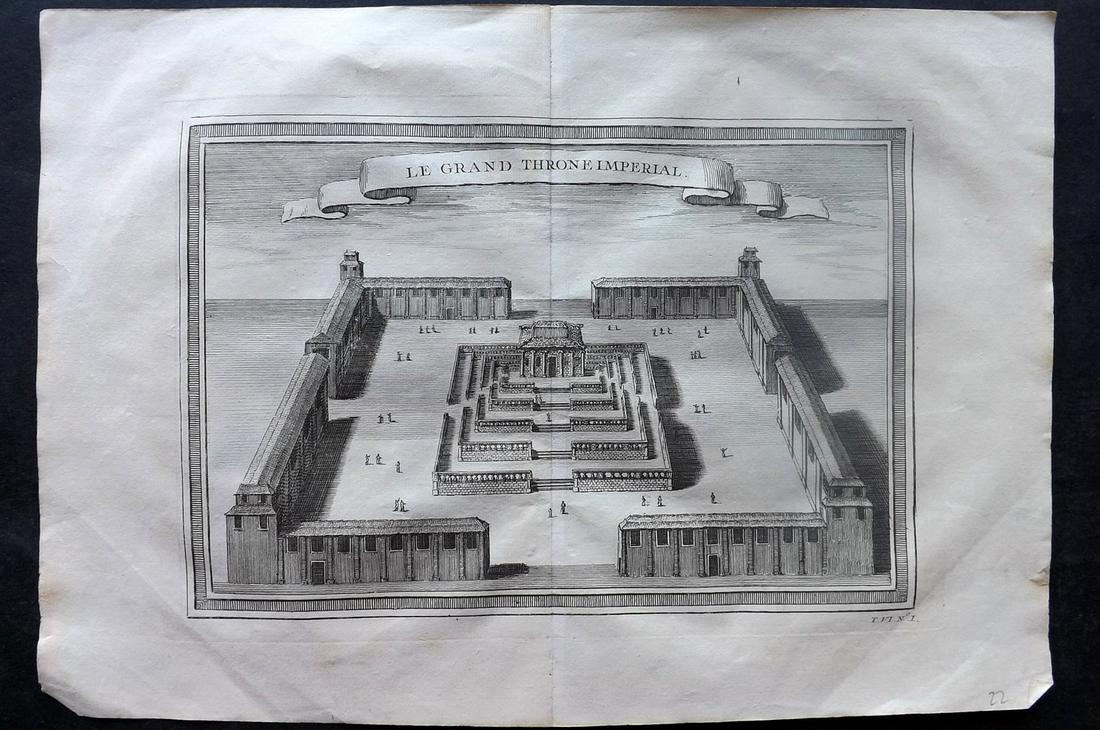 Prevost, Antoine C1750 Print. Imperial Palace, China: "Le Grand Throne Imperial" Copper Plate Published 1746-1789, Paris & The Hague for "Histoire générale des voyages" by Antoine Francois Prevost. Maps by Jacques Bellin and others. Centre fold as publ