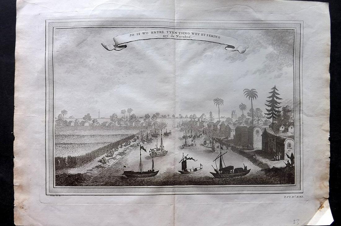 Prevost, Antoine C1750 Print. Peking, China. Junks Ships: "Jo Si Wo entre Tyen Tsing Wey et Peking" Copper Plate Published 1746-1789, Paris & The Hague for "Histoire générale des voyages" by Antoine Francois Prevost. Maps by Jacques Bellin and others. Cent