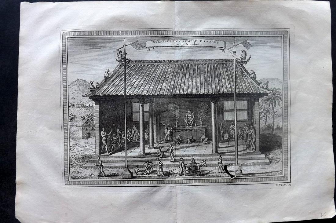 Prevost, Antoine C1750 Print. Temple of Idols, China: "Interieur d'Un Temple d'Idoles" Copper Plate Published 1746-1789, Paris & The Hague for "Histoire générale des voyages" by Antoine Francois Prevost. Maps by Jacques Bellin and others. Centre fold a