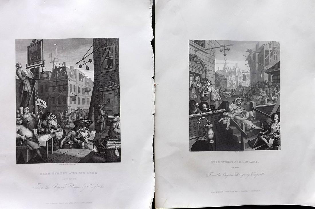 Hogarth, William C1865 Set of 2. Beer Street & Gin Lane: Steel Engravings Published C1865, London for "The Complete Works of William Hogarth" by James Hannay, Rev. Trusler and E. F. Roberts. Paper Size: 10.5 x 8.5 inch (27 x 22cm) Good Condition