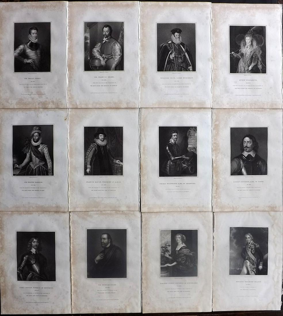 Lodge, Edmund 1829 Lot of 12 Engraved Portraits: Incl Nelson, Francis Drake, Walter Raleigh etc. Steel Engraving Published 1829, London for "Portraits of Illustrious Personages of Great Britain" by Edmund Lodge. Paper Size: 10 x 7 inch (25 x 18cm) H