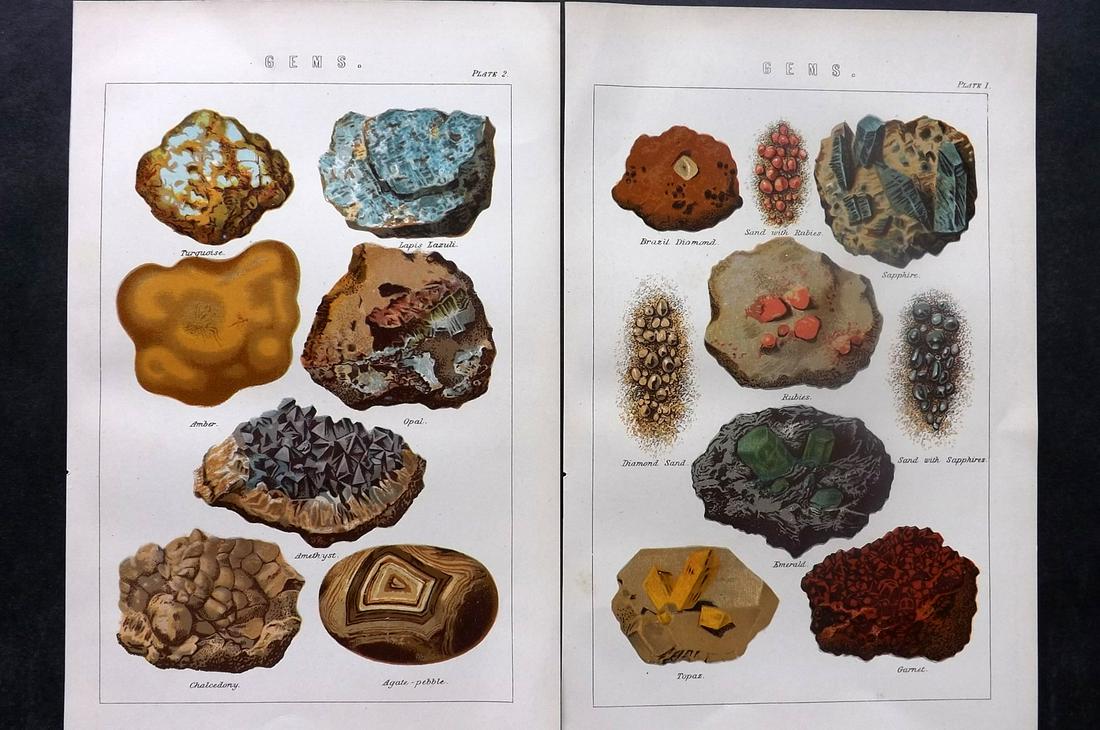 Nat. Ency. 1891 Pair of Prints. Gem Stones: Chromolithographs Published 1891-1901 by William Mackenzie, London for "The National Encyclopedia: A dictionary of Universal Knowledge" Paper Size: 9.5 x 6 inch (24 x 16cm) Good Condition