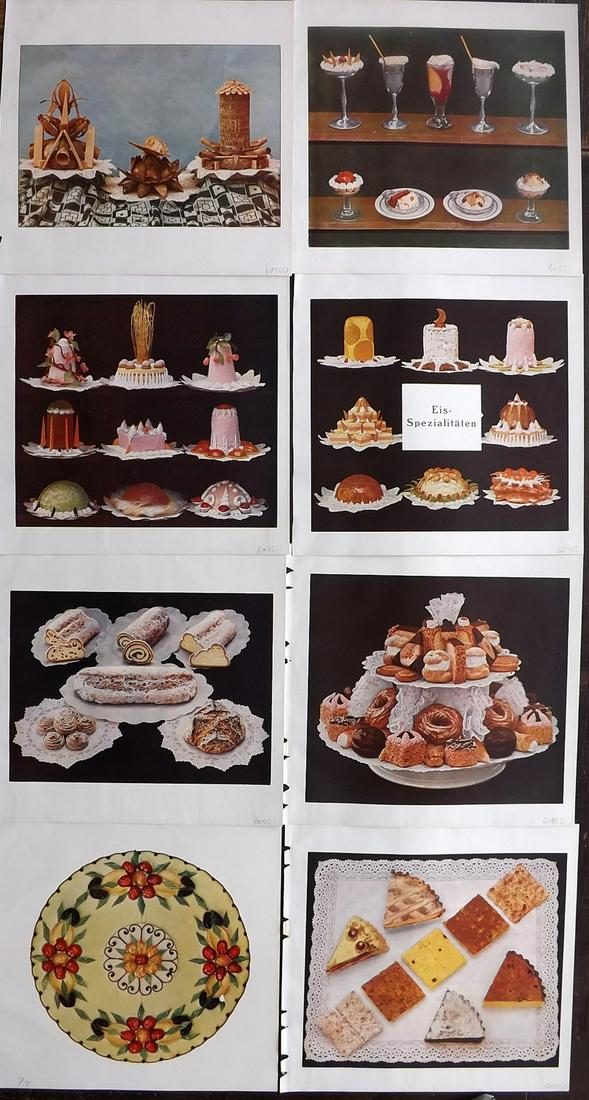 Weber, Johannes 1923 Lot of 8 Food Prints. Cakes: Offset Lithograph Published 1923, Dresden for "Practical Cake and Confectionery Art" by Johannes Martin Erich Weber. Unrelated text to verso describing the following plate, with none showing through f