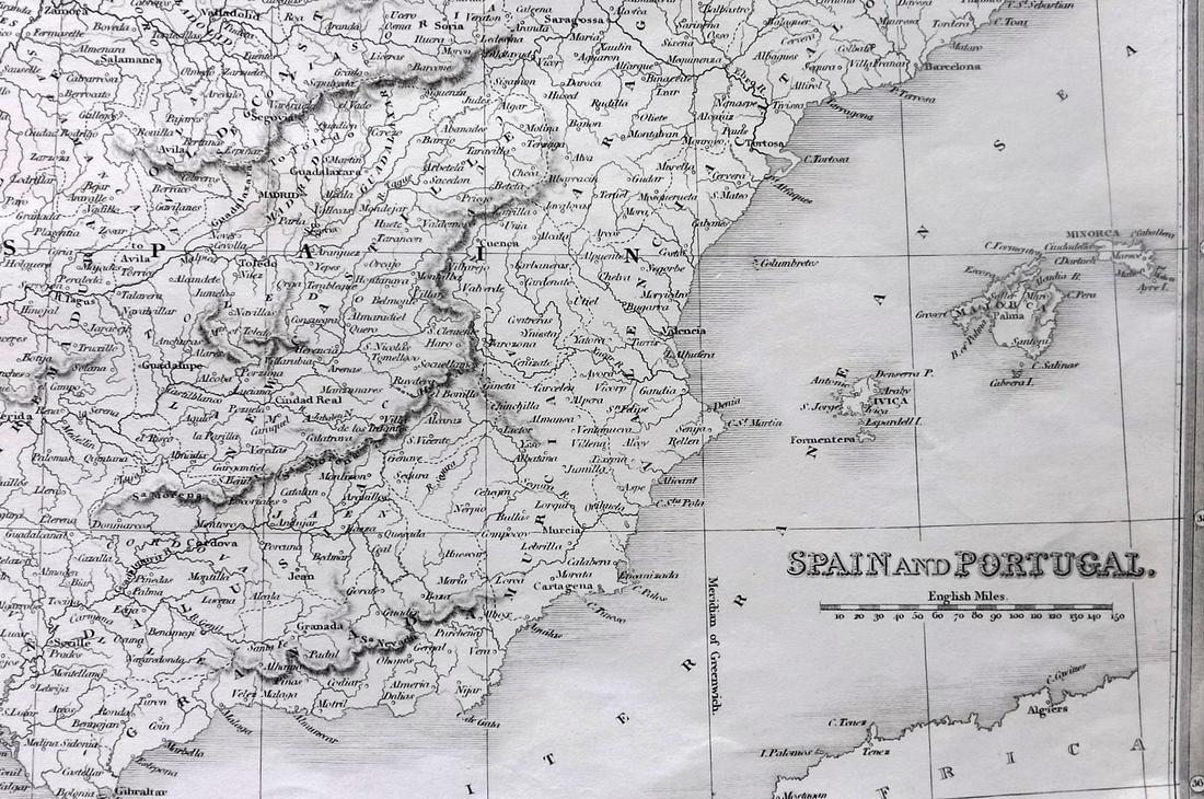 Findlay, Alex C1835 Antique Map. Spain & Portugal: Steel Engraved Map Published C1835 by Thomas Kelly, London for "A New and Universal English Dictionary" by the Rev. James Barclay. Maps Drawn & Engraved by Alexander Findlay. Paper Size: 10.5 x 8 inch