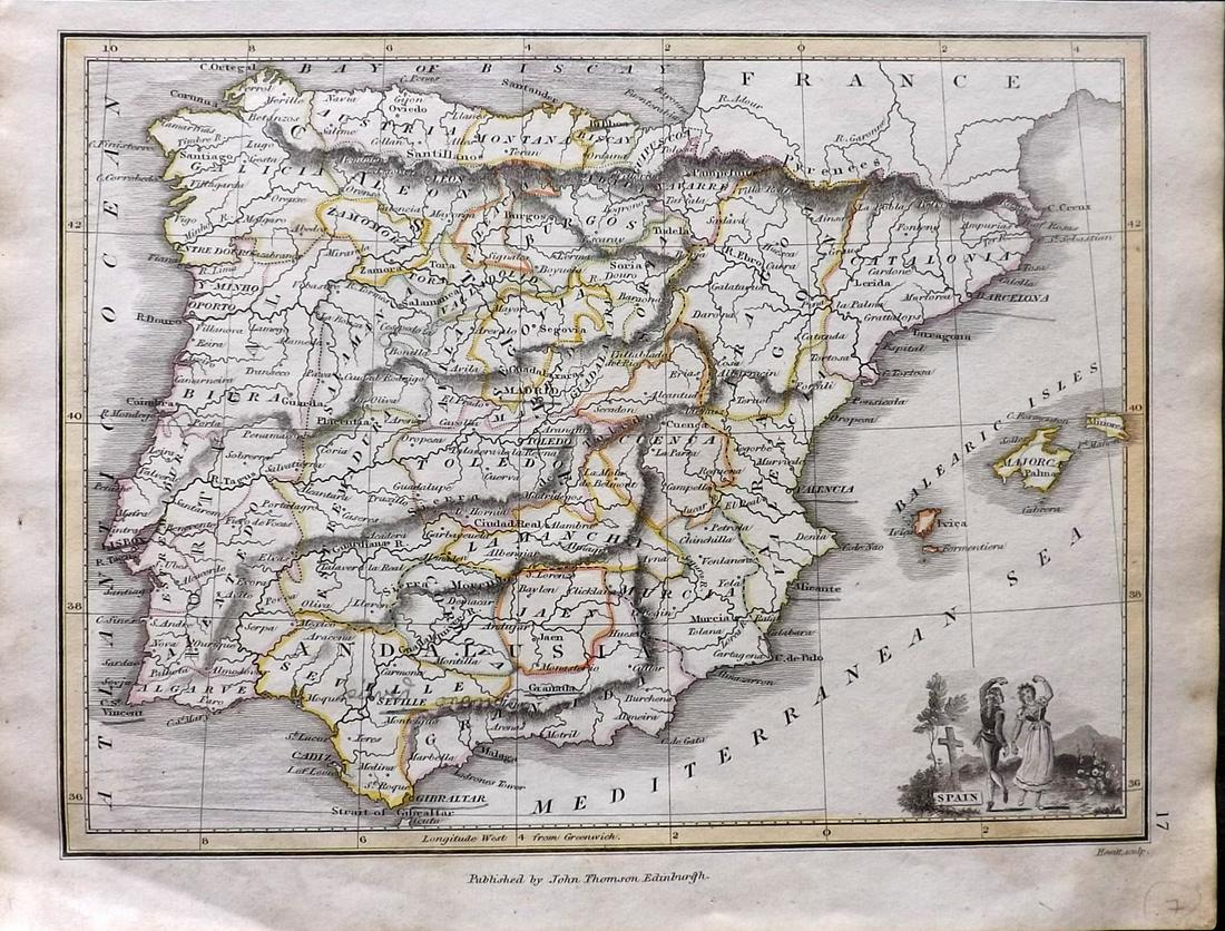 Thomson, John (Pub) 1825 Map. Spain: Copper Engraved Map Published 1825 by John Thomson, Edinburgh for "The Edinburgh School Atlas" by N. R. Hewitt. Maps Engraved by Hewitt. Engraved Vignette in corner. Original Outline Hand Colour. Rare
