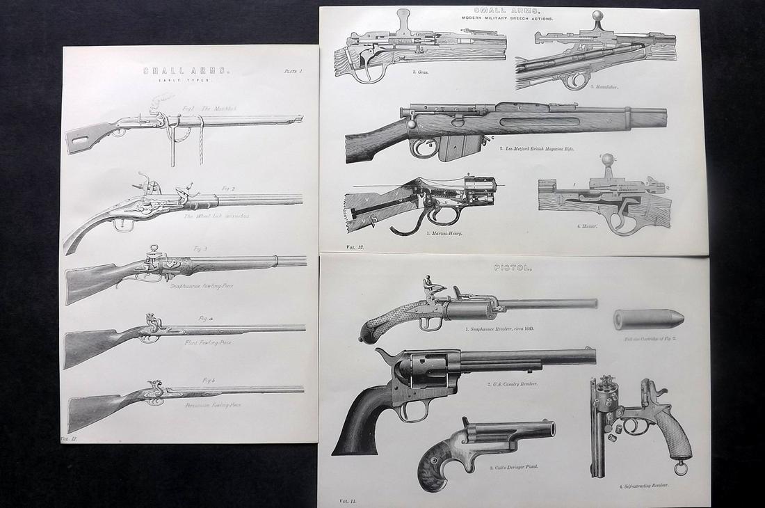 Nat. Ency. 1891 Lot of 3 Prints. Guns. Pistol, Small Arms: Woodblocks Published 1891-1901 by William Mackenzie, London for "The National Encyclopedia: A dictionary of Universal Knowledge" Paper Size: 9.5 x 6 inch (24 x 16cm) Good Condition