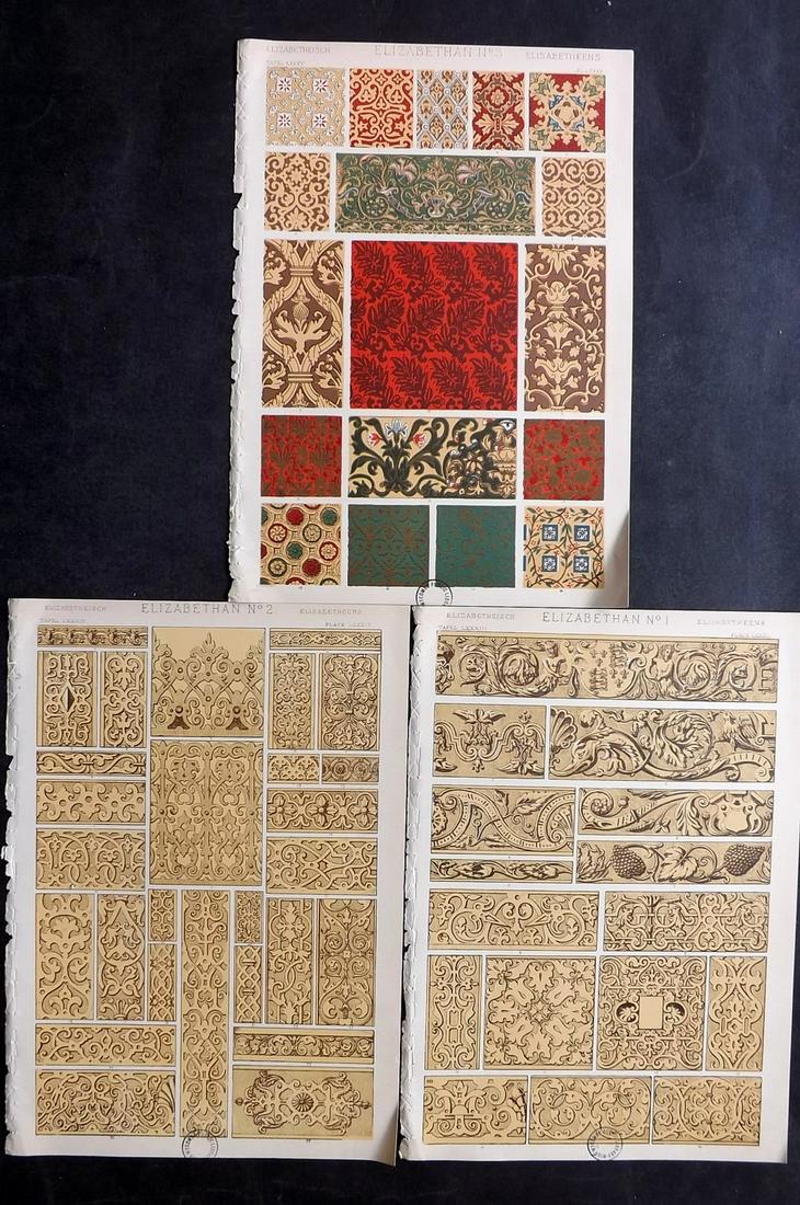Jones, Owen 1910 Lot of 3 Prints. Elizabethan: Chromolithographs Published 1910 by Bernard Quaritch, London for "The Grammar of Ornament" by Owen Jones. Paper Size: 13 x 9.5 inch (33 x 24cm) All with small ink library stamps in bottom margin, slig