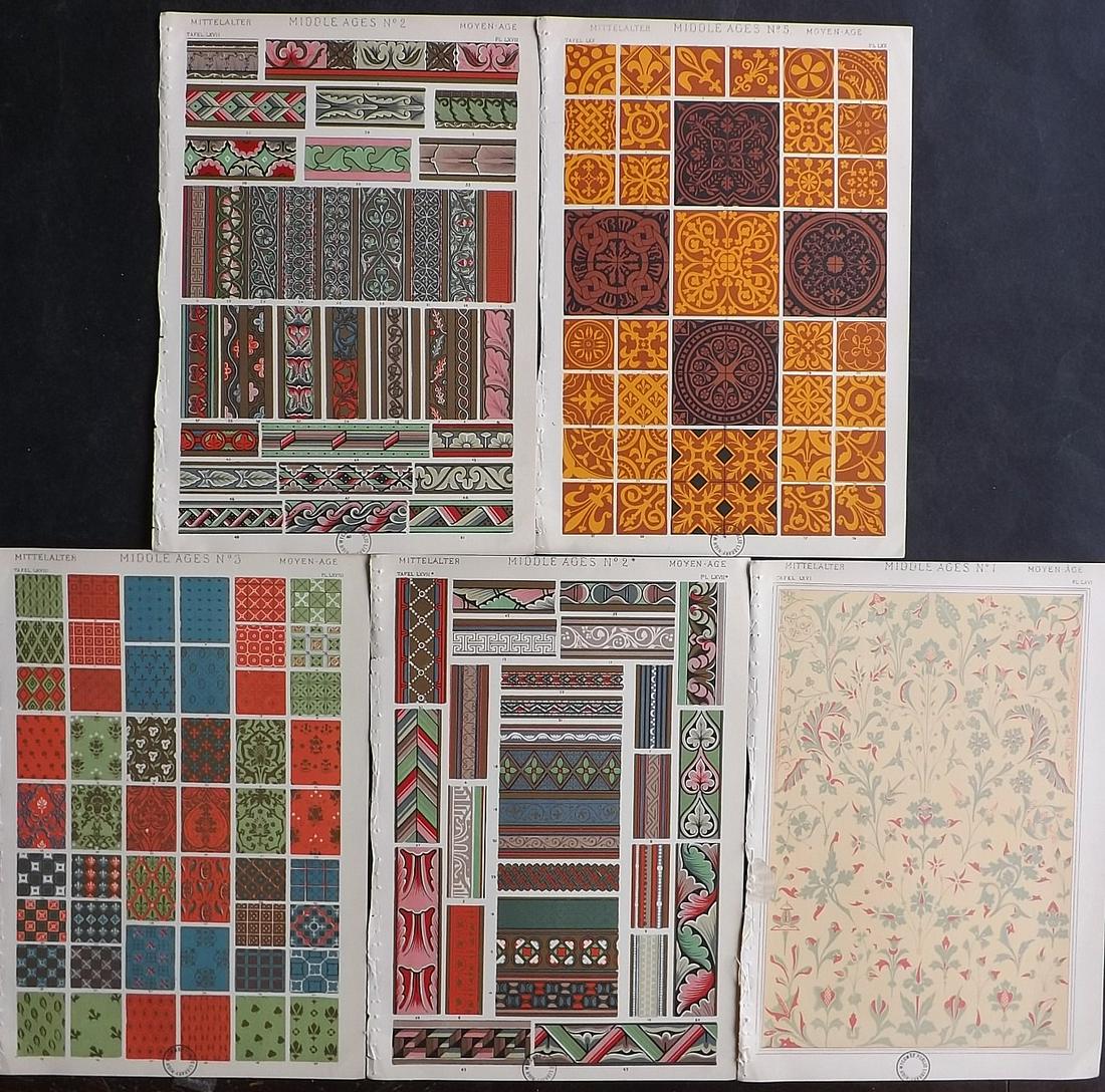 Jones, Owen 1910 Lot of 5 Prints. Middle Ages: Chromolithographs Published 1910 by Bernard Quaritch, London for "The Grammar of Ornament" by Owen Jones. Paper Size: 13 x 9.5 inch (33 x 24cm) All with small ink library stamps in bottom margin, slig