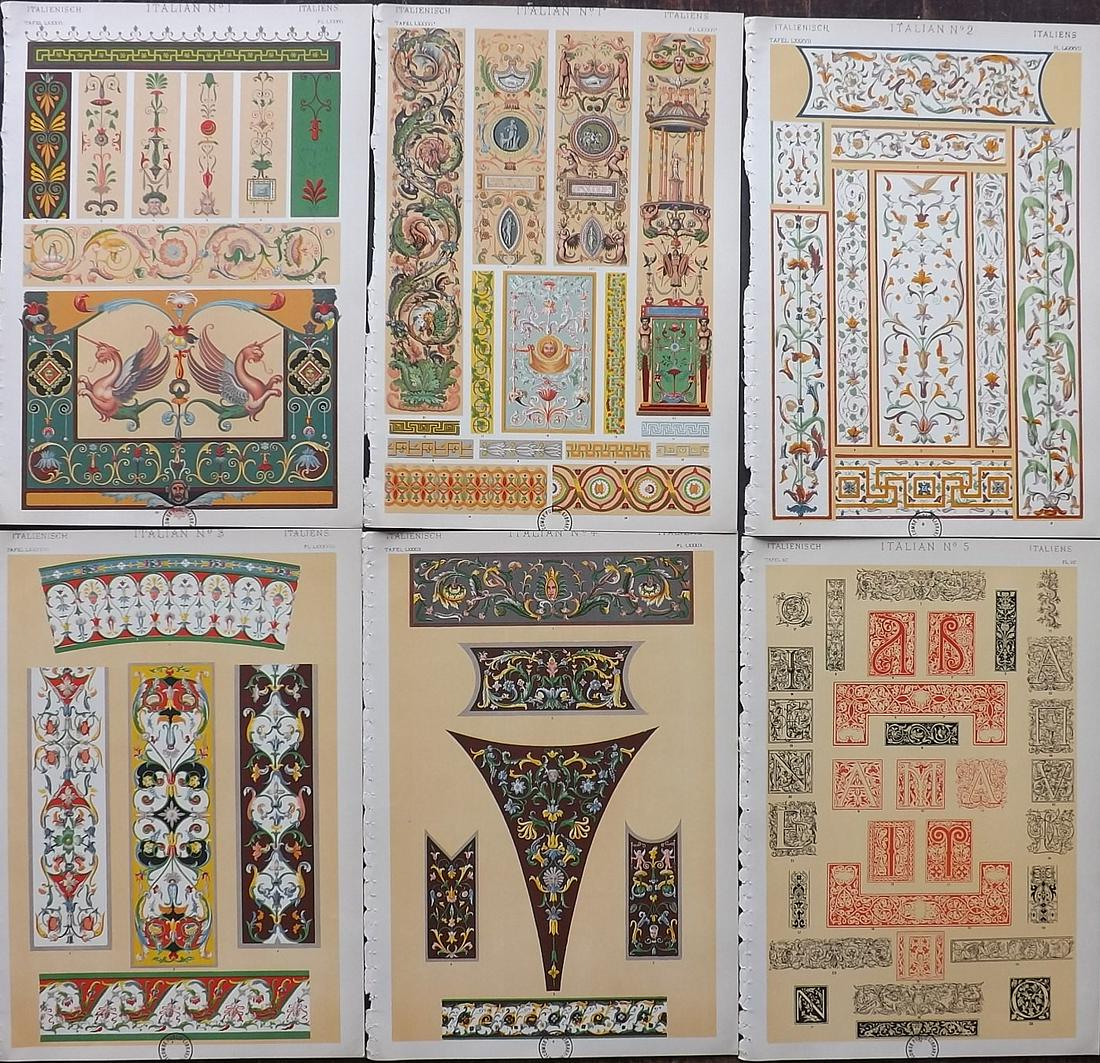 Jones, Owen 1910 Lot of 6 Prints. Italian: Chromolithographs Published 1910 by Bernard Quaritch, London for "The Grammar of Ornament" by Owen Jones. Paper Size: 13 x 9.5 inch (33 x 24cm) All with small ink library stamps in bottom margin, slig