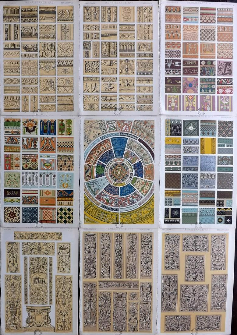 Jones, Owen 1910 Lot of 9 Prints. Renaissance: Chromolithographs Published 1910 by Bernard Quaritch, London for "The Grammar of Ornament" by Owen Jones. Paper Size: 13 x 9.5 inch (33 x 24cm) All with small ink library stamps in bottom margin, slig