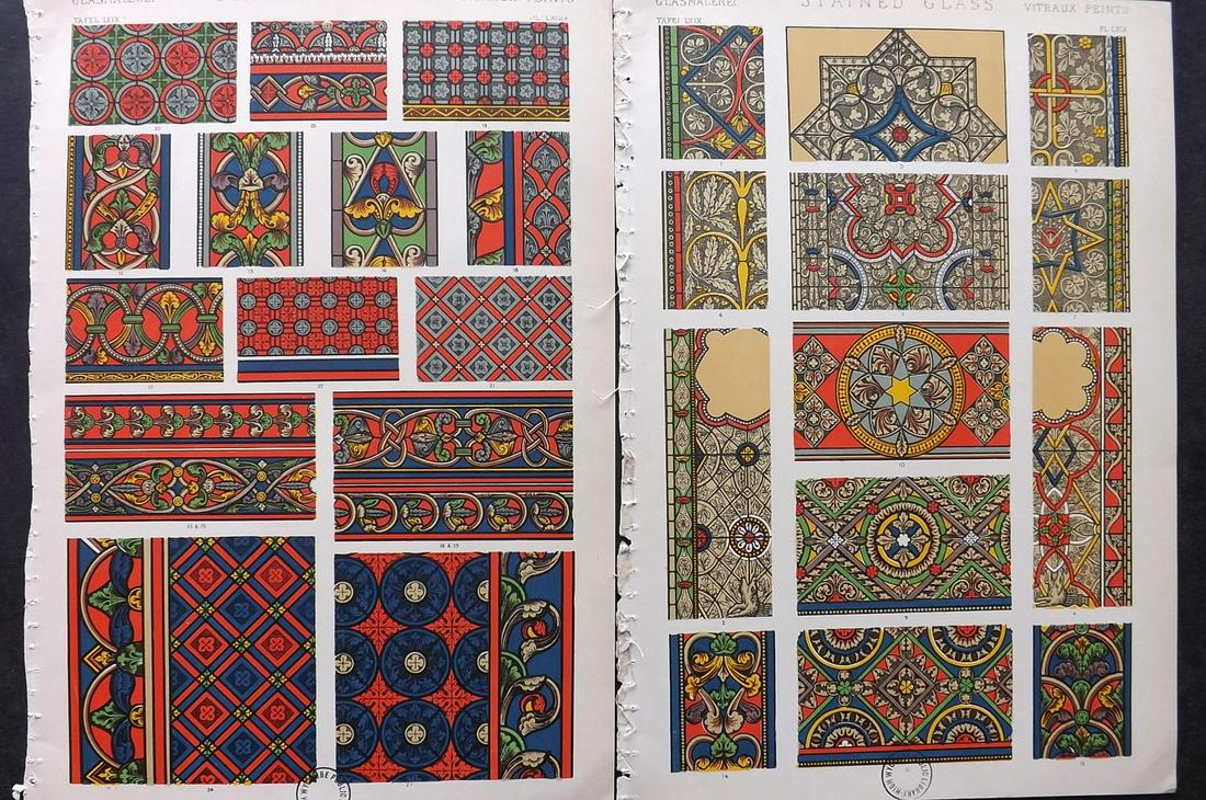 Jones, Owen 1910 Pair of Prints. Stained Glass: Chromolithographs Published 1910 by Bernard Quaritch, London for "The Grammar of Ornament" by Owen Jones. Paper Size: 13 x 9.5 inch (33 x 24cm) All with small ink library stamps in bottom margin, slig