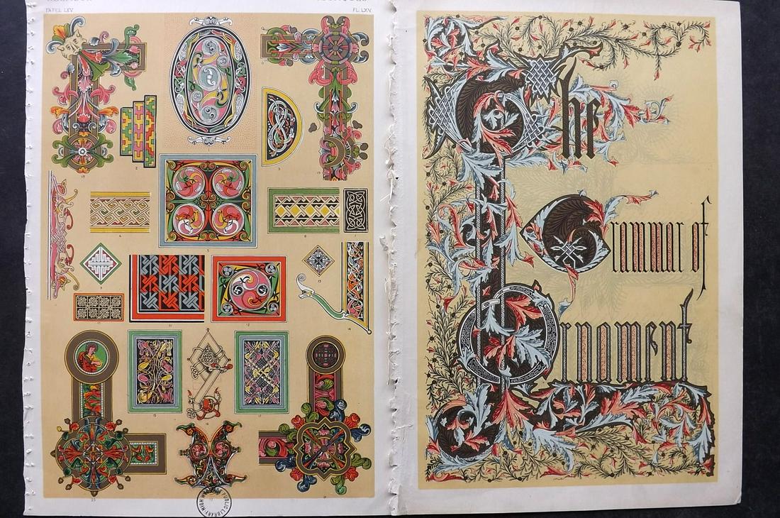 Jones, Owen 1910 Pair of Prints. Title and Celtic: Chromolithographs Published 1910 by Bernard Quaritch, London for "The Grammar of Ornament" by Owen Jones. Paper Size: 13 x 9.5 inch (33 x 24cm) Celtic with small ink library stamps in bottom margin, s