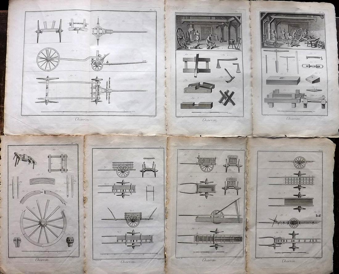 Diderot, Denis C1760 Set of 7. Charron - Wheelwright: Folio Copper Plate Published 1751-72, Paris for "Encyclopédie, ou Dictionnaire Raisonné des Sciences, des Arts et des Métiers" First & Folio Edition by Denis Diderot & Jean le Rond d'Alembert. Pape