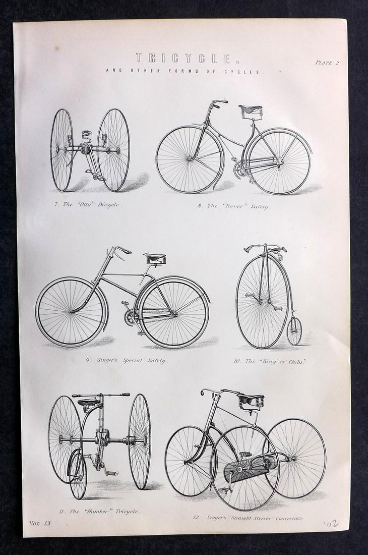 Nat. Ency. 1891 Cycling Print. Early Forms: Woodblocks Published 1891-1901 by William Mackenzie, London for "The National Encyclopedia: A dictionary of Universal Knowledge" Paper Size: 9.5 x 6 inch (24 x 16cm) Good Condition