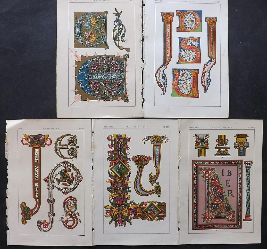 Tymms, William - Art of Illuminating 1860 Lot of 5 Prints: Chromolithographs Published 1860, London for "The Art of Illuminating as Practised in Europe from the Earliest Times" by M. Digby Wyatt. Selected & Chromolithographed by William Robert Tymms. Paper Si